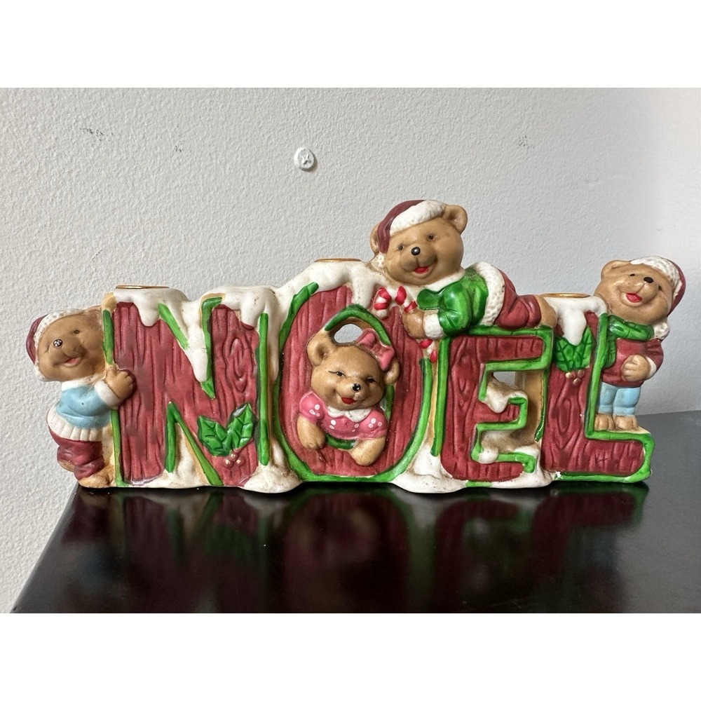 Vintage Christmas Noel Teddy Bears Tapered Candle Holder Decoration Ceramic